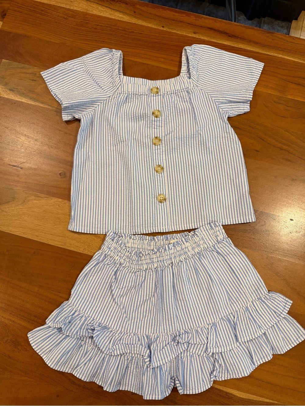 Crewcuts Blue & White Striped Seersucker Button Top